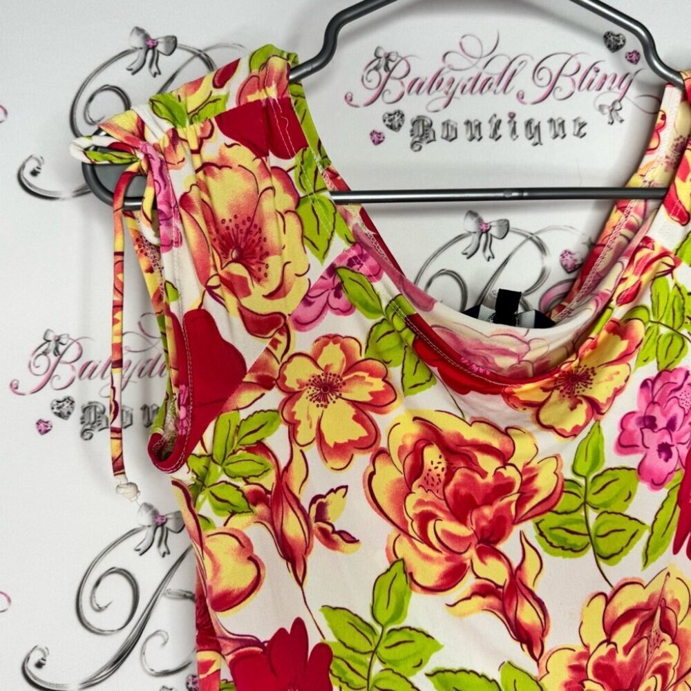 Reitmans top cinch tie sleeves bright flowers Floral Print shirt y2k neon - Picture 10 of 11